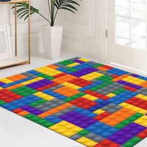 Colorful Building Blocks Rug | Kids Playroom Carpet | Machine Washable Non-Slip Lego Style Rug | Fun Creative Room Decor image 4