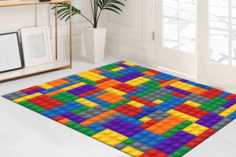 Colorful Building Blocks Rug | Kids Playroom Carpet | Machine Washable Non-Slip Lego Style Rug | Fun Creative Room Decor image 4