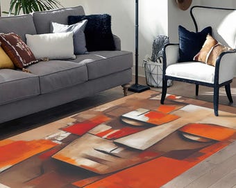 May include: An abstract area rug featuring a geometric design in shades of orange, brown, and beige. The rug's pattern resembles a stylized face, adding a modern touch to the living room setting. The rug is placed on a hardwood floor, complementing the room's decor.