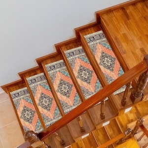 Orange Navy Digital Printed Stair Rug, Non-Slip Carpet Runner, Washable Oriental Step Rug, Traditional Pattern Stair Tread for Steps