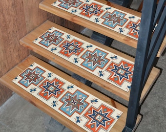 Geometric Southwest Stair Tread Rug – Non Slip Tribal Design Carpet Runner for Wooden Stairs, Colorful Washable Rustic Step Mat