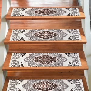 Brown Oriental Digital Printed Stair Rug – Non-Slip Washable Carpet Runner, Classic Step Rug, Traditional Floral Stair Tread Mat