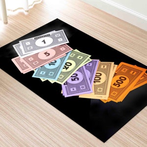 Monopoly Money Rug | Colorful Playroom Carpet | Machine Washable Game Room Decor Rug | Fun Modern Office Accent Rug