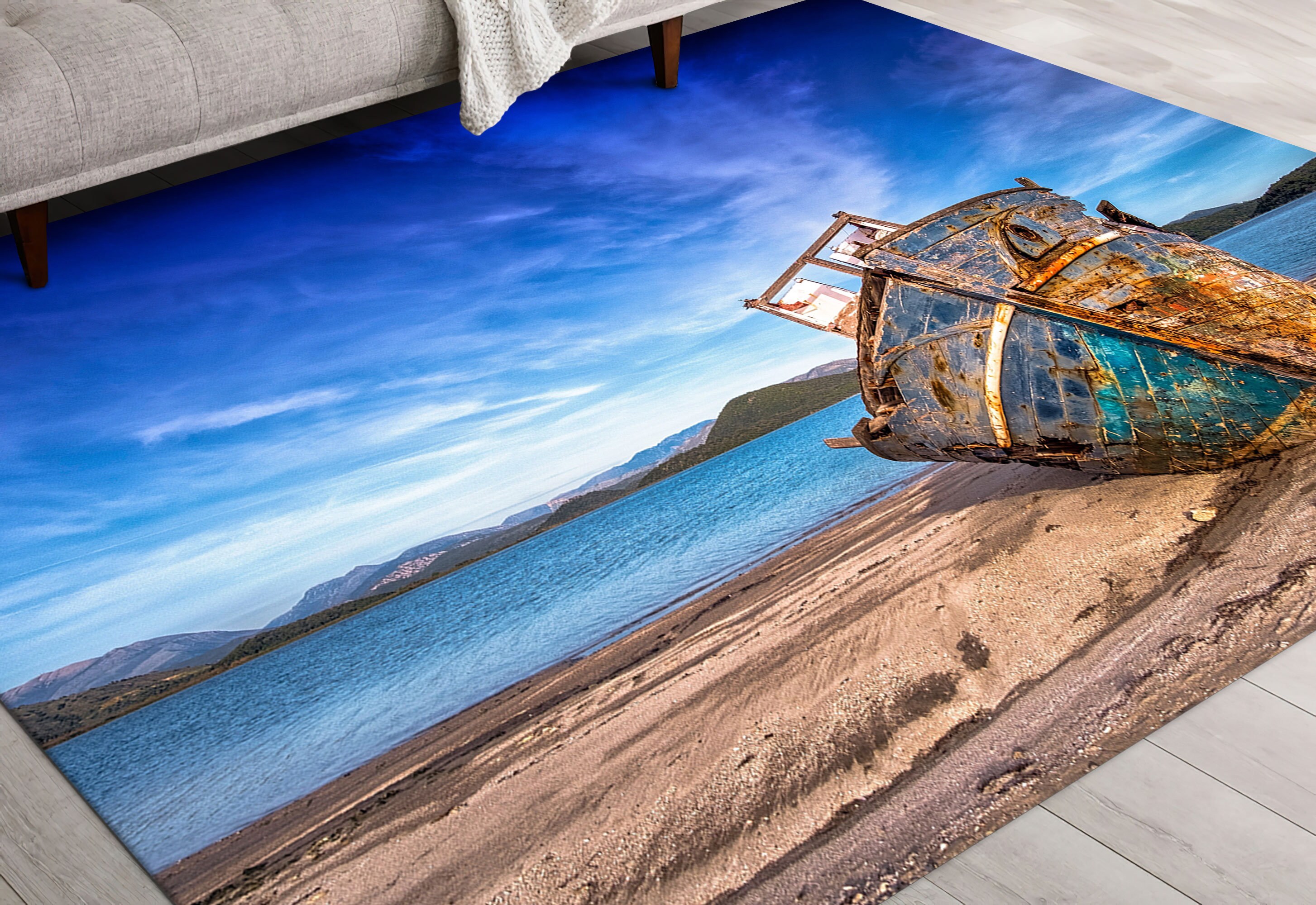Old Boat on the Beach Rugs, Sea Landscape Rug, Boat Rug, Landscape Rug ...