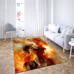 May include: Abstract area rug with a swirling pattern of orange, yellow, red, and brown colors. The rug has a modern and contemporary design.