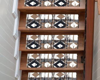 Geometric Stair Treads – Black White Tan Modern Rug Strips for Indoor Steps, Non Slip Washable Stair Carpet Pads with Bold Abstract Design
