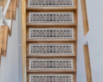 Black White Digital Printed Stair Rug, Non-Slip Carpet Runner,Washable Boho Step Rug,Geometric Minimal Ethnic Pattern Stair Tread for Stairs
