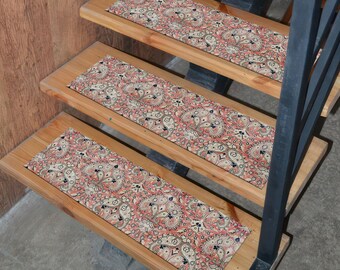 Traditional Vintage Stair Tread Rug, Washable Non Slip Oriental Carpet Runner for Wooden Steps with Floral Red Beige Pattern