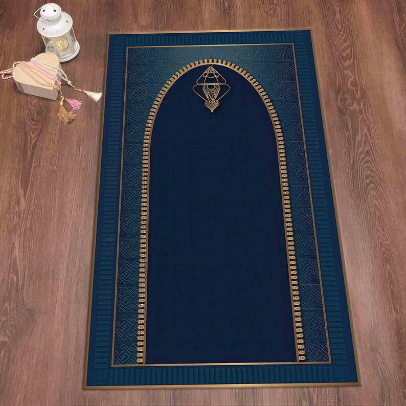 Navy Blue Rug, Gold Prayer Rug, Prayer Rug, Muslim Home Rug, Anti-slip ...