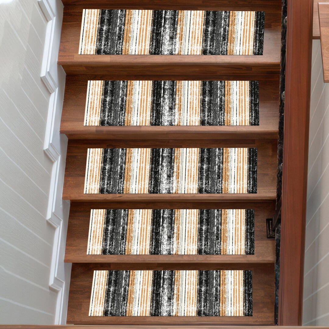 Single Stair Rug Modern Striped Digital Printed Stair Rug, Non-slip Black White Step Rug ...