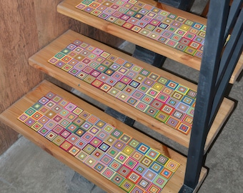 Colorful Digital Printed Stair Rug - Washable Non-Slip Mosaic Pattern Stair Tread Carpet Runner, Bold Geometric Step Mat for Wooden Stairs