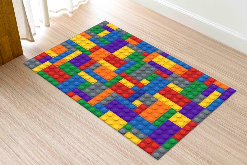 Colorful Building Blocks Rug | Kids Playroom Carpet | Machine Washable Non-Slip Lego Style Rug | Fun Creative Room Decor image 8