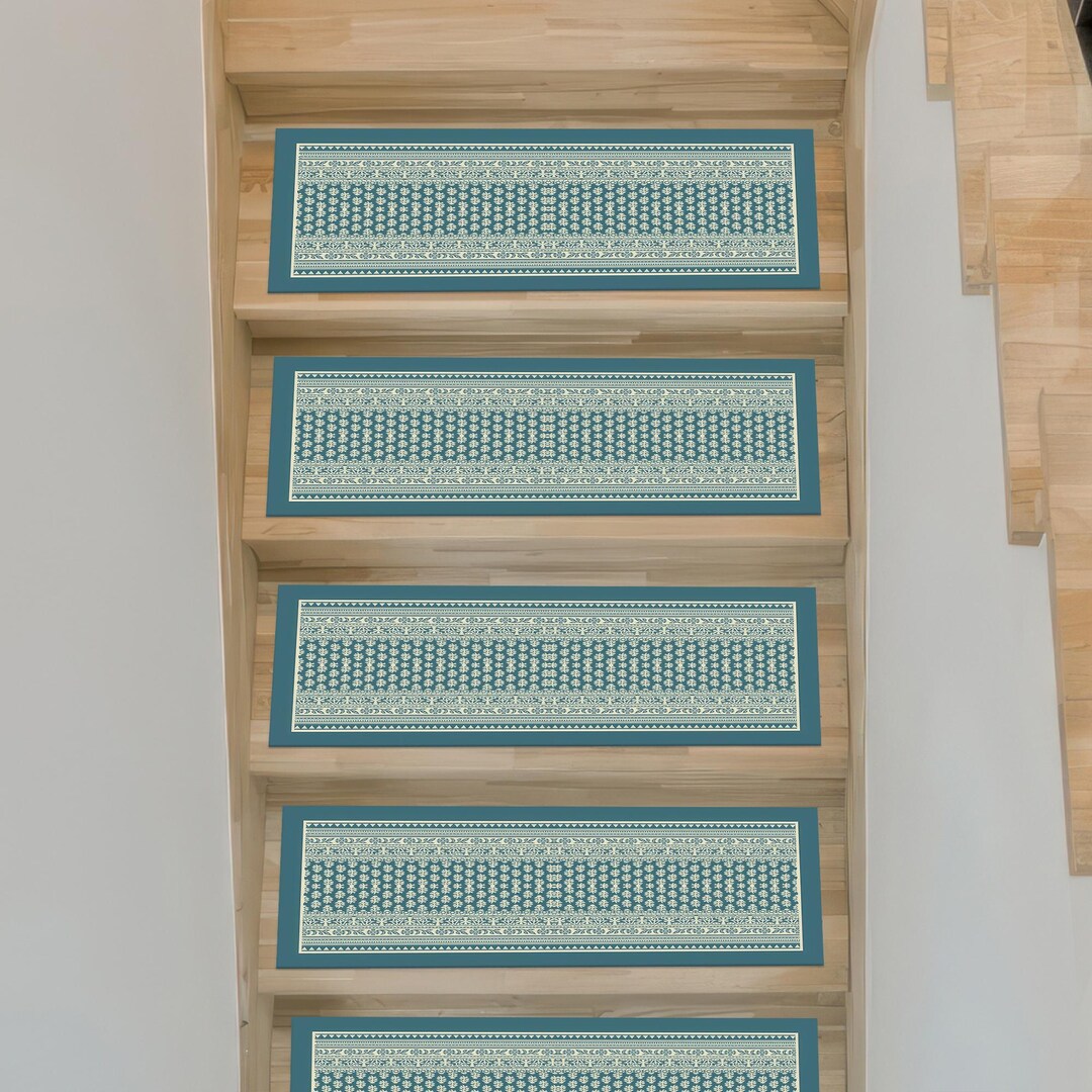Watch Your Step Rug Green Blue Digital Printed Stair Rug, Non-slip Minimal Carpet Runner ...