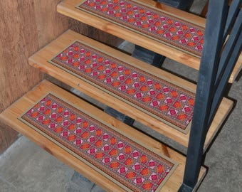 Colorful Red Stair Tread Rug, Bohemian Non Slip Carpet for Steps, Vibrant Washable Stair Mat, Ethnic Patterned Indoor Runner