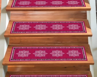 Pink Digital Printed Stair Rug, Non-Slip Carpet Runner, Washable Modern Step Rug, Bold Ethnic Pattern Stair Tread Mat for Stairs