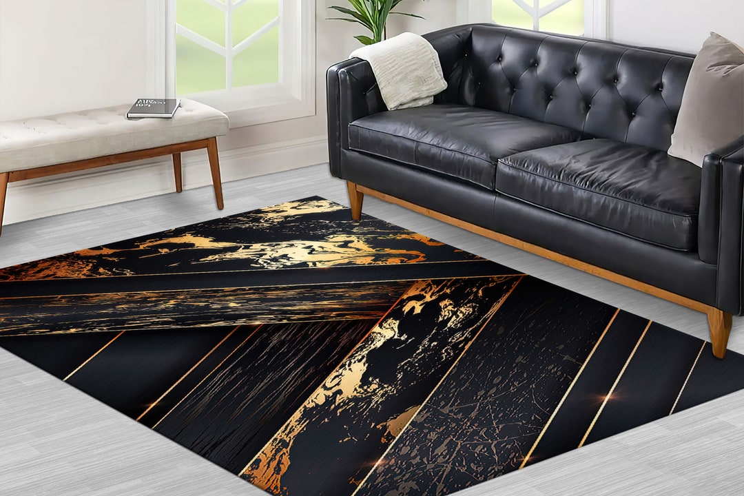 Black Gold Abstract Rug, Gold Rug, Black Rugs, Gold Striped Rug, Modern