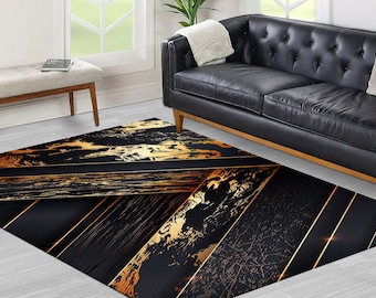 Alfombra abstracta negra y dorada, alfombra dorada, alfombras negras, alfombra a rayas doradas, alfombras modernas, alfombra de baño, alfombra de dormitorio, regalo para él, alfombra gruesa, alfombra de salón,
