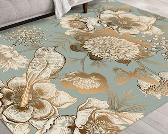 デイジーフラワーラグ：ボタニカルプリント、滑り止め付き廊下装飾