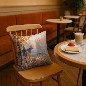 May include: A decorative throw pillow featuring a serene forest scene with deer. The pillow displays a painting of deer in a natural setting with autumn foliage. The color palette includes shades of brown, green, and orange, creating a warm and inviting aesthetic.