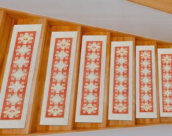 Red Geometric Stair Tread Rug – Non Slip Washable Runner Carpet Mat with Cream Border for Rustic Home Decor, Boho Ethnic Step Pad Set