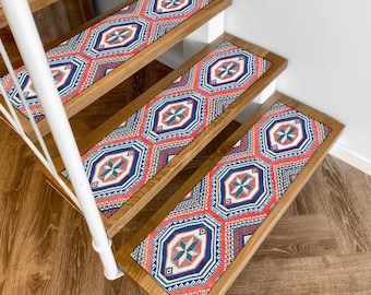Red-Blue Digital Printed Stair Rug - Washable Non-Slip Tribal Geometric Stair Tread Carpet Runner, Colorful Step Mat for Wooden Stairs