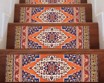 Orange Blue Stair Tread Rug, Non Slip Washable Runner with Traditional Tribal Medallion Pattern for Wooden Steps and Indoor Stair Decoration