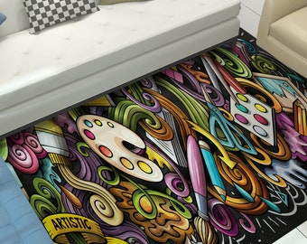 Painter Rugs, Brushes Rugs, Artist Modern Rugs, Hobby Room Rug, Decorative Rug, Saloon Rug, Colorful Decor Rug, Brushes Rug, Small Soft Rug,
