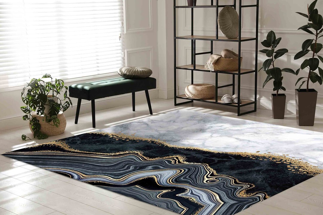 Black and White Marble Rug, Gold Marble Rugs, Luxury Marble Rug