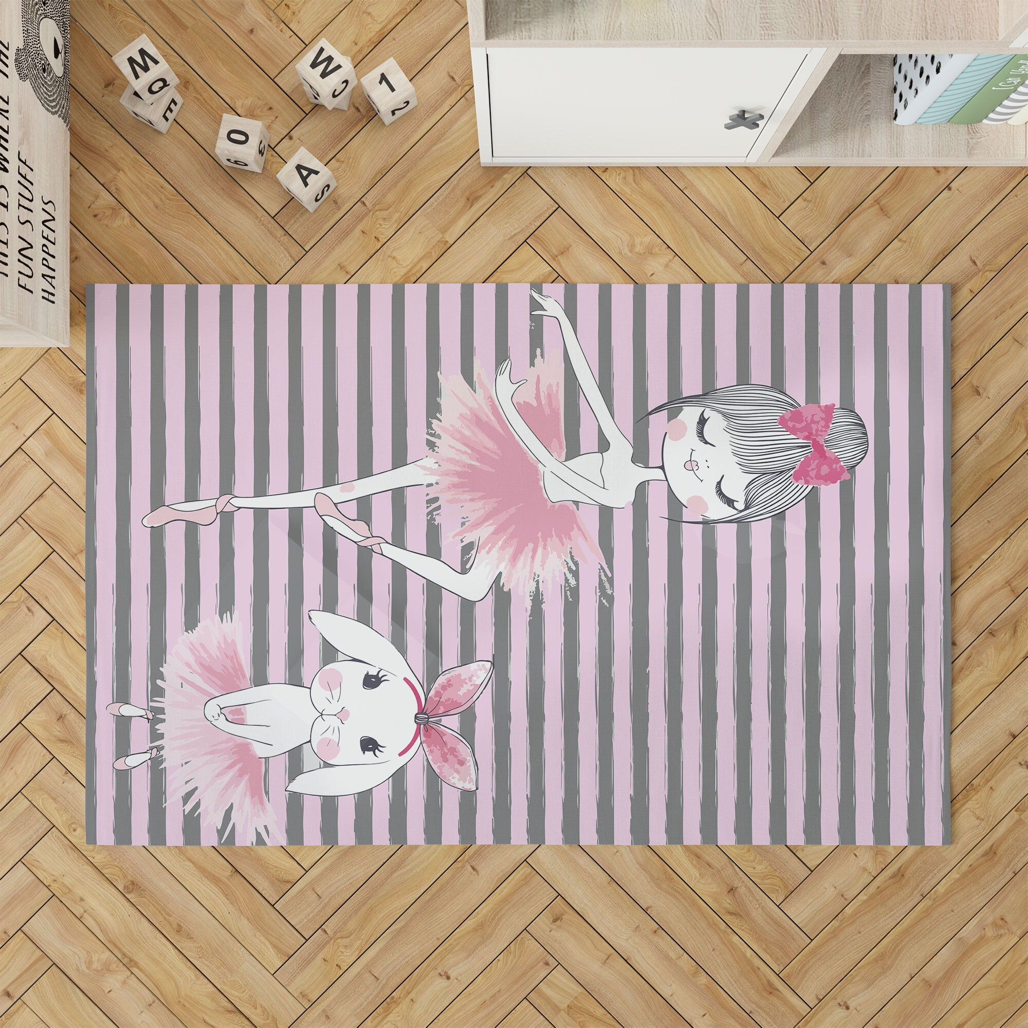Ballet Girl and Rabbit Rug, Striped Rug, Ballet Girl Rug, Non-slip ...