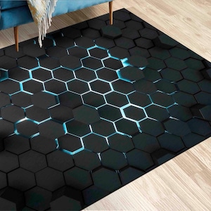 3d Effect Black Geometric Shapes Rugs, Contemporary Rugs, Black Rugs, Modern Rug, Area Rug, Personalized Rug, Salon Decor Rug, Cool Rug,