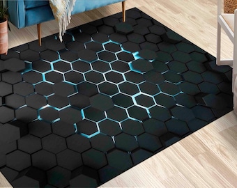 3d Effect Black Geometric Shapes Rugs, Contemporary Rugs, Black Rugs, Modern Rug, Area Rug, Personalized Rug, Salon Decor Rug, Cool Rug,