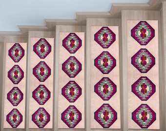 Colorful Geometric Stair Treads, Bold Fuchsia and Navy Non Slip Stair Rugs with Tribal Pattern, Washable Ethnic Carpet for Indoor Steps