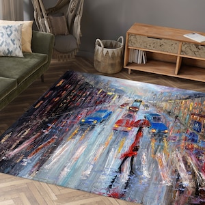 Raindy Day Rugs, Woman With Umbrella Rug, Crossing The Street Rug, Alone Woman Rug, Modern Rug, Personalized Rug, Salon Rug, Gift Decor Rug,