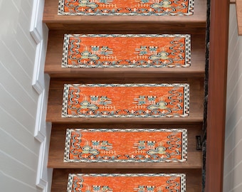 Orange Ethnic Digital gedruckter Treppen-Teppich, waschbarer rutschfester Boho-Stufenteppich, Tribal Geometrische Schritt-Läufermatte für bunte Treppen