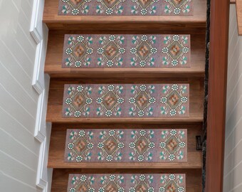 Purple Green Digital Printed Stair Rug, Washable Non-Slip Vintage Step Carpet, Ethnic Geometric Tread Runner Mat for Classic Decor