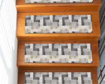 Gray White Modern Stair Treads Rug, Abstract Geometric Non Slip Carpet Strips, Washable Step Mats for Wooden Stairs, Stylish Minimal Decor