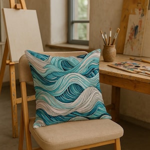 May include: Square throw pillow with a blue and white wave pattern. The pillow features a watercolor design with shades of teal, light blue, and white. The pillow is placed on a beige chair.