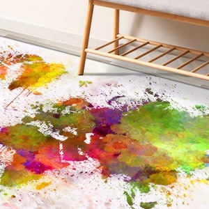 Bunte abstrakte Weltkarte Teppich, Karte Teppich, Bunte Teppiche, Karte Teppich, Bad Teppich, Weicher Teppich, Runder Teppich, Cooler Teppich, Aquarell Karte Teppich,