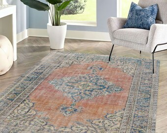 ヴィンテージ トルコ製エリアラグ - 3x7 ネイビーブルー フローラル