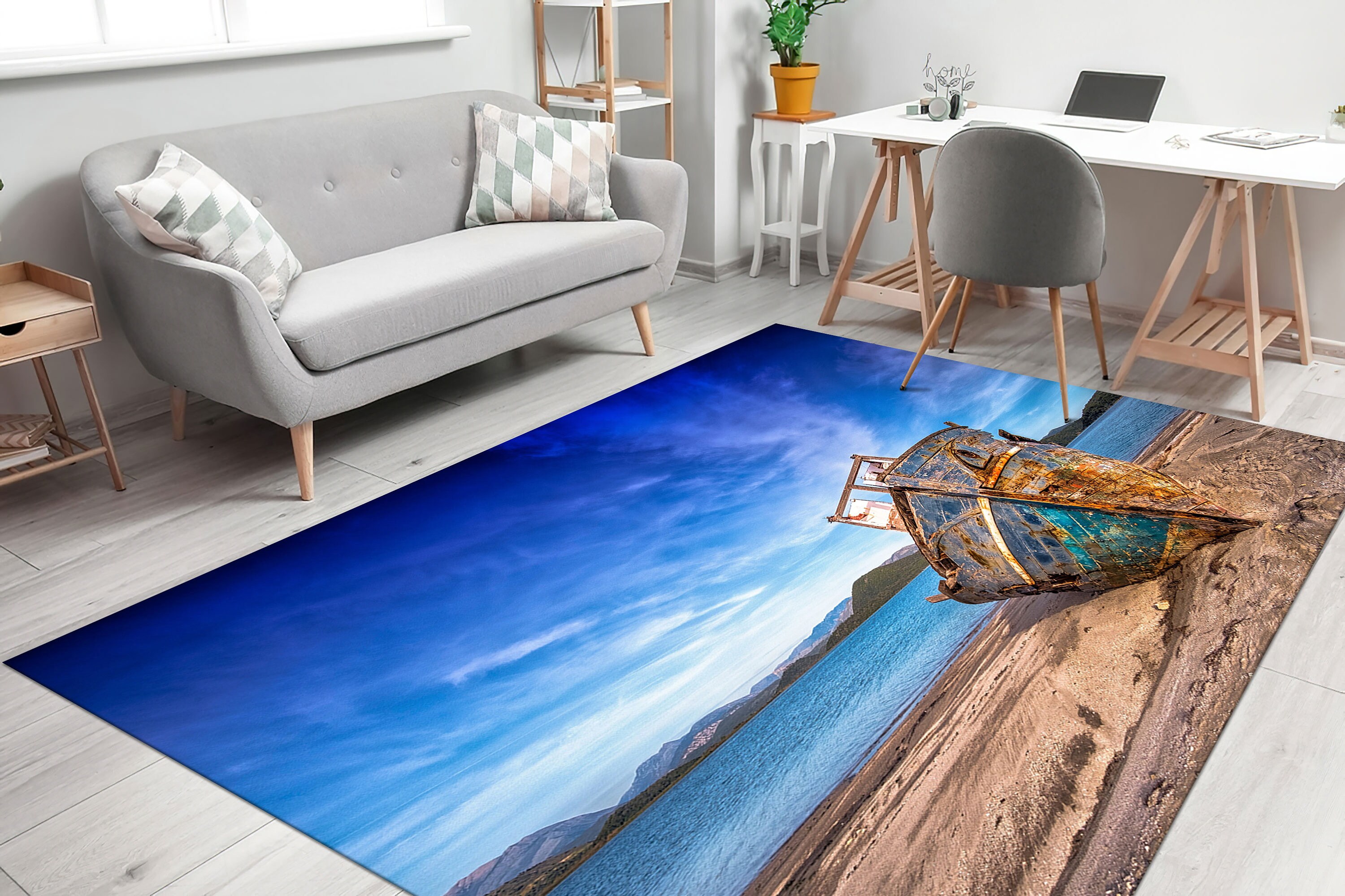 Old Boat on the Beach Rugs, Sea Landscape Rug, Boat Rug, Landscape Rug ...