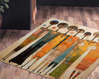 May include: A rectangular area rug featuring an abstract design of stylized figures in various colors. The figures have round heads and long, patterned bodies in shades of black, orange, green, and blue. The rug is on a wooden floor.