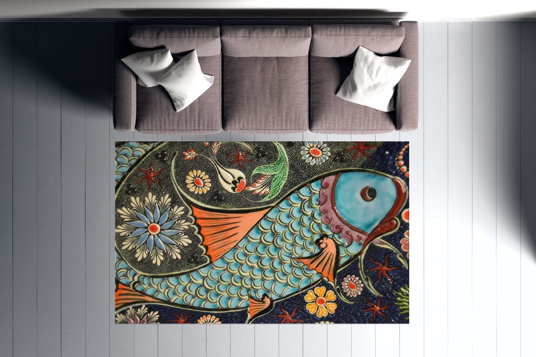 Artistic Fish Pattern Rug | Colorful Floral Boho Carpet | Machine ...