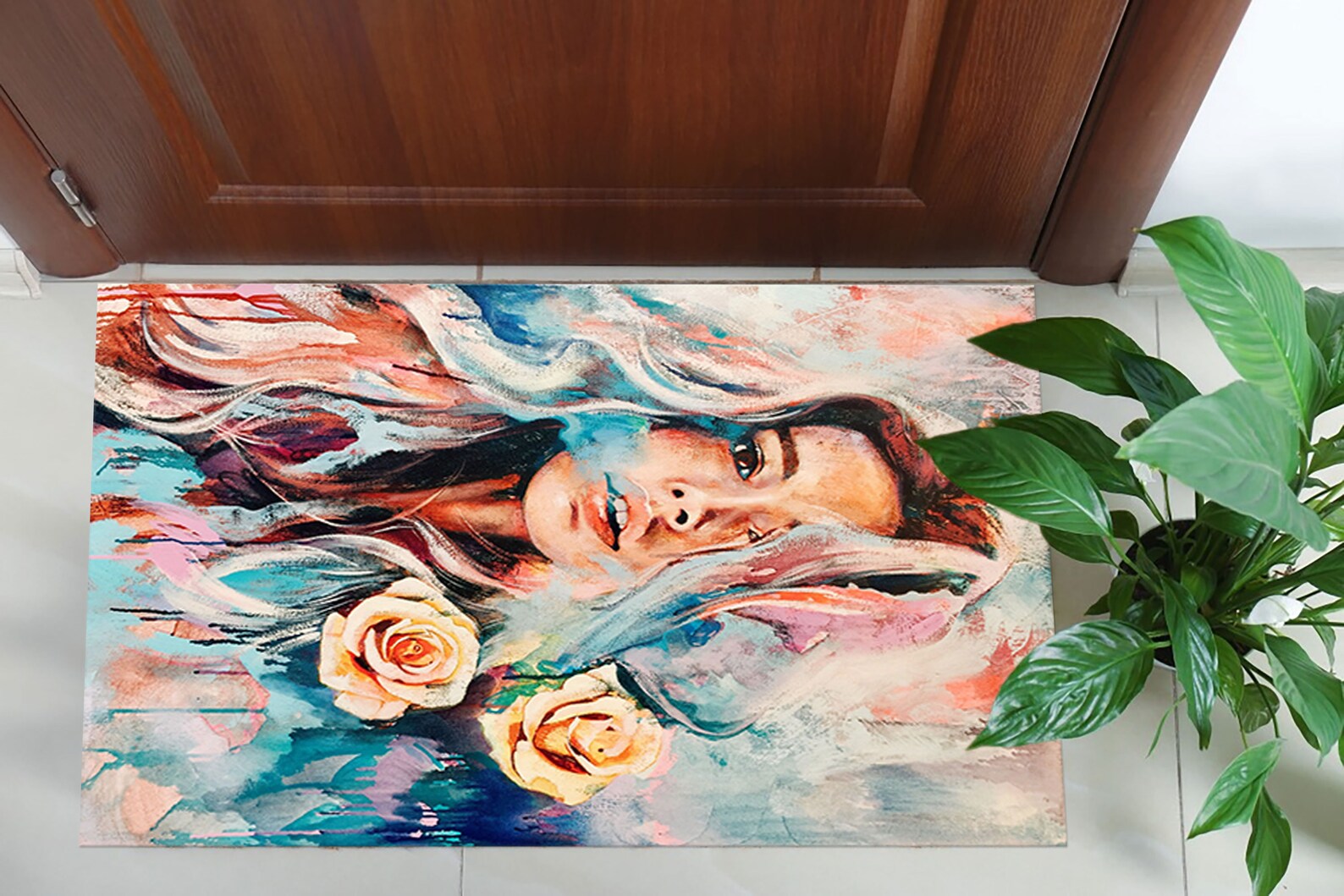 Beautiful Girl With Two Roses Rugs, Colorful Woman Rug, Rose Decor Rug ...