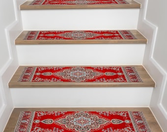 Red Oriental Digital Printed Stair Rug, Non-Slip Classic Step Rug, Washable Carpet Runner, Medallion Tread Rug for Traditional Homes