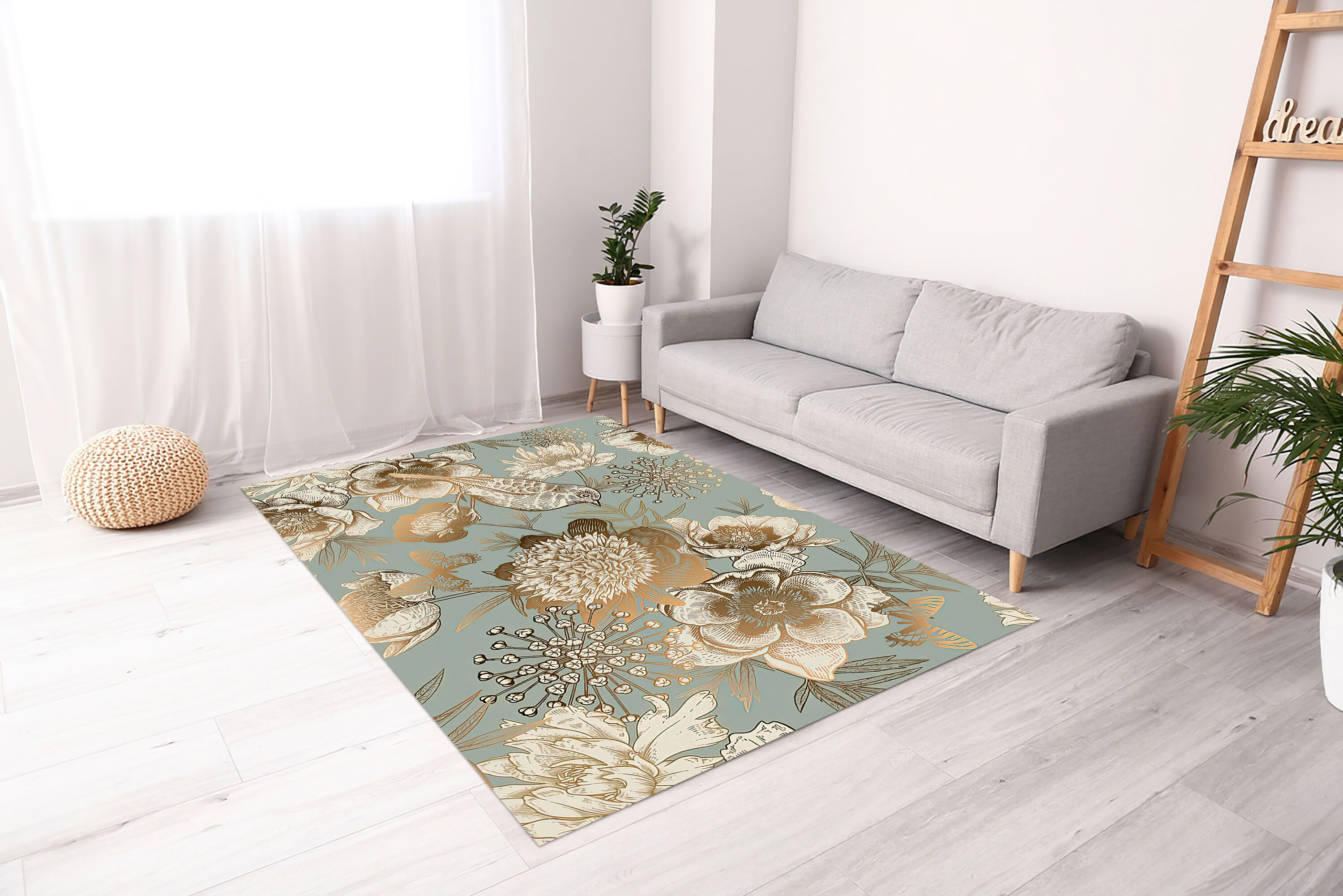 Golden Bird and Flowers Rug Gold Rugs Modern Rugs Botanical - Etsy UK