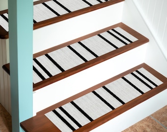 Minimalist Black White Digital Printed Stair Rug – Non-Slip Modern Step Rug, Washable Carpet Runner, Striped Stair Tread Mat