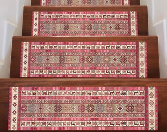 Red Beige Digital Printed Stair Rug, Non-Slip Carpet Runner, Washable Tribal Step Rug, Kilim Style Ethnic Pattern Stair Tread for Steps