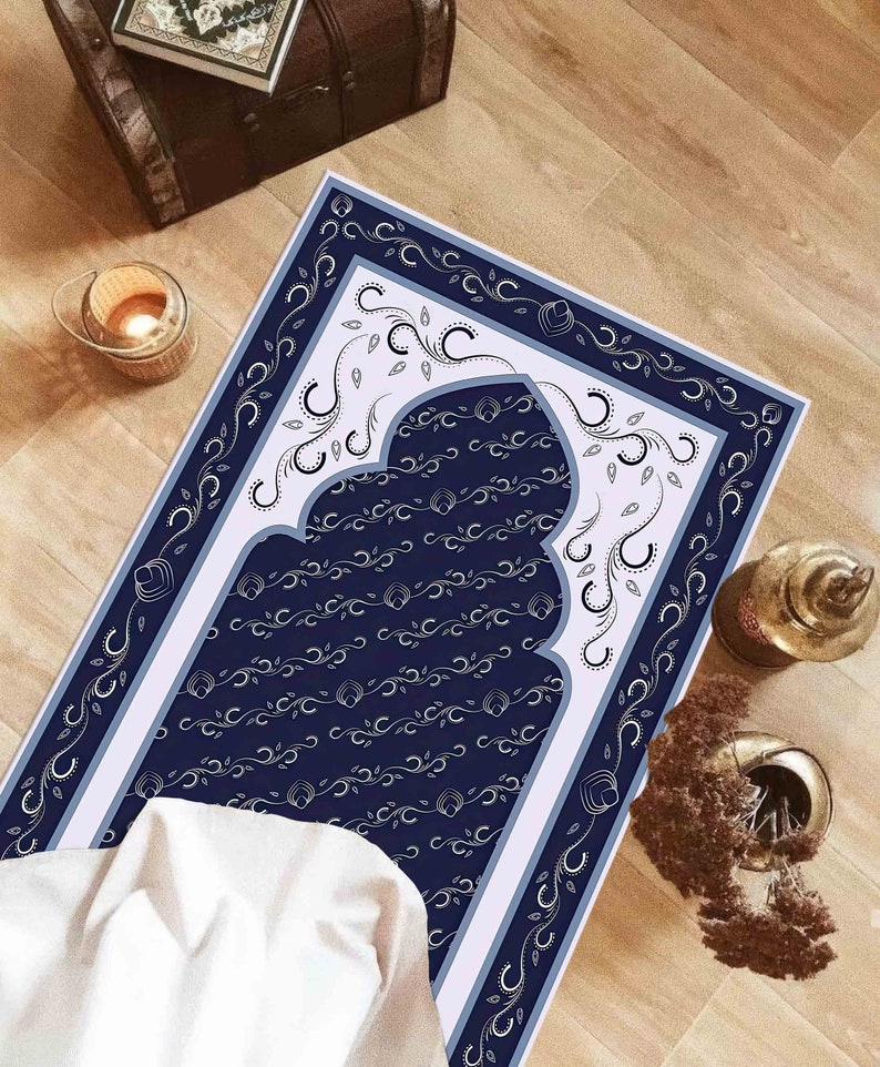 Navy Blue Prayer Rug, White Prayer Rug, Prayer Rug, Muslim Rug, Luxury ...