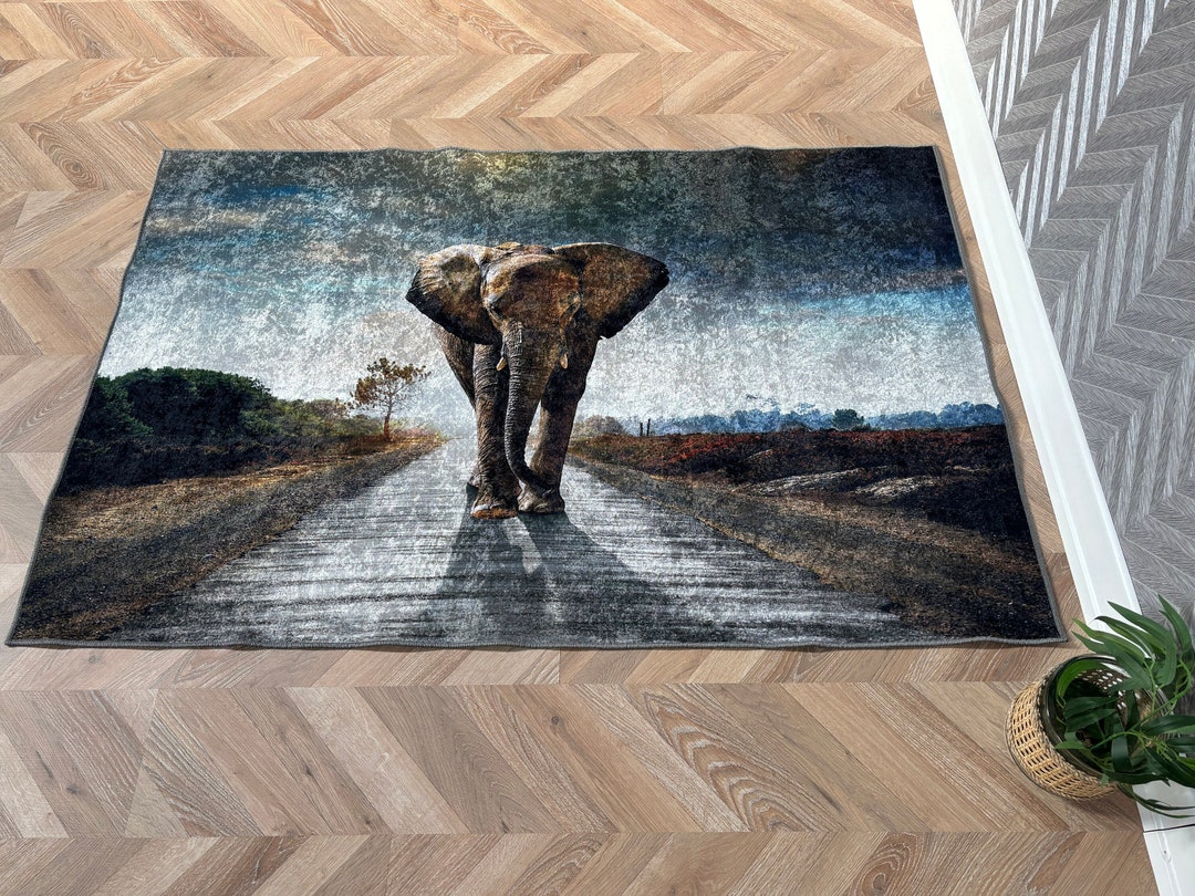 Elephant Walking on the Road Rug, Big Elephant Rug, Wild Rug, Animal ...