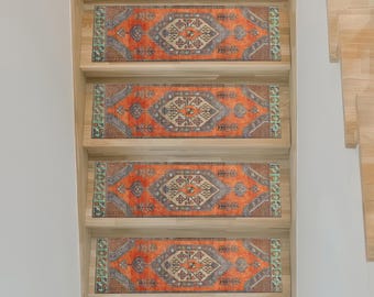 Boho Orange Stair Tread Rug – Vintage Tribal Pattern Non-Slip Carpet Mat with Geometric Design for Rustic and Bold Step Decoration